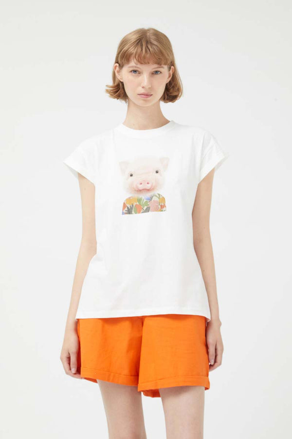 COMPANIA FANTASTICA - White pig print t-shirt- 41C/42027