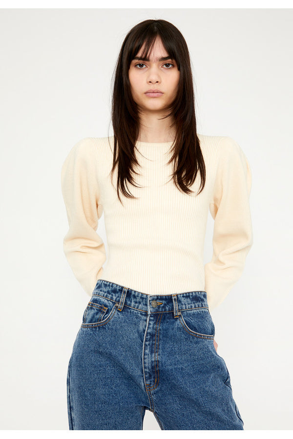 WILD PONY - PULL CÔTELÉ BLANC COL ROND MANCHES ÉVASÉES 23W/70202 CS