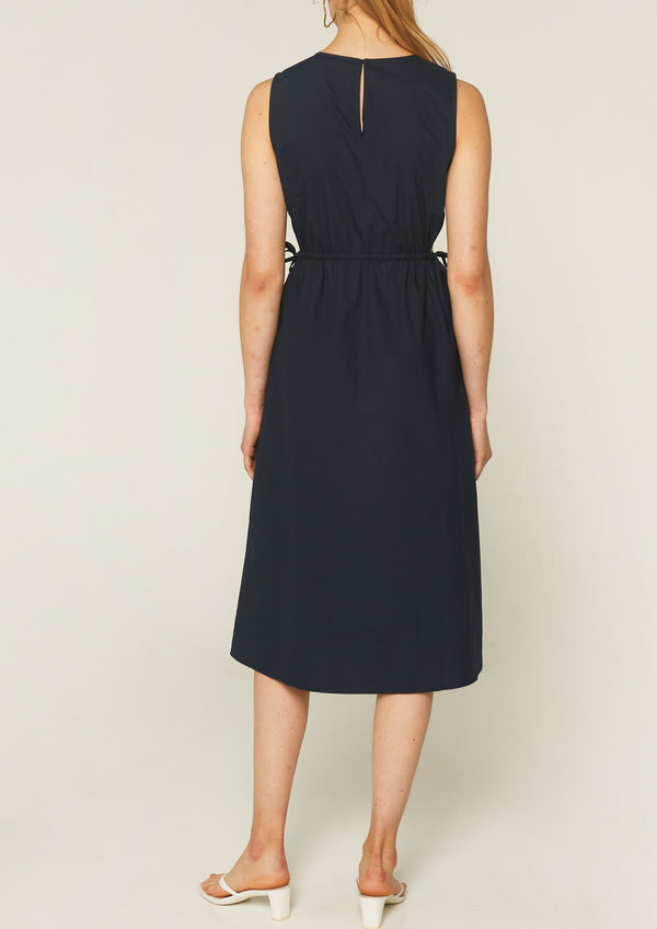 COMPANIA FANTASTICA - NAVY BLUE MIDI DRESS WITH POCKETS AND SIDE SLITS
