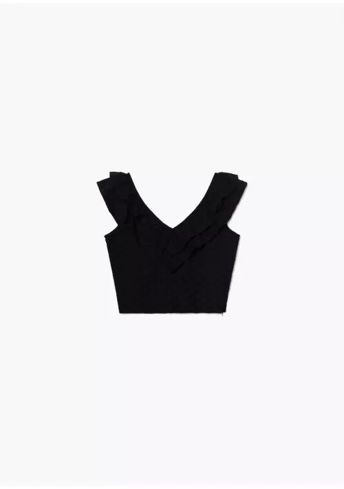 COMPANIA FANTASTICA - BLACK EMBROIDERED COTTON CROP TOP WITH RUFFLE AND BRODERIE DETAILING