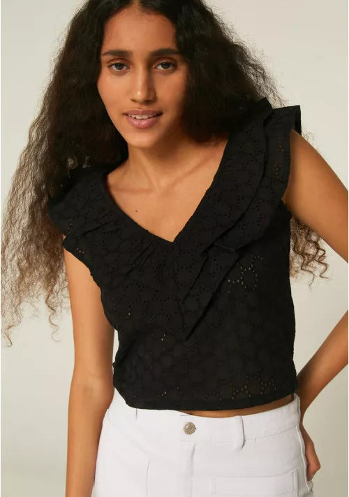 COMPANIA FANTASTICA - BLACK EMBROIDERED COTTON CROP TOP WITH RUFFLE AND BRODERIE DETAILING
