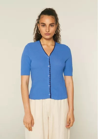 COMPANIA FANTASTICA - BLUE FINE-KNIT CARDIGAN WITH CONTRASTING TRIM