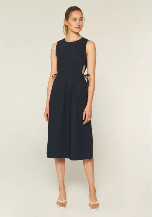 COMPANIA FANTASTICA - NAVY BLUE MIDI DRESS WITH POCKETS AND SIDE SLITS