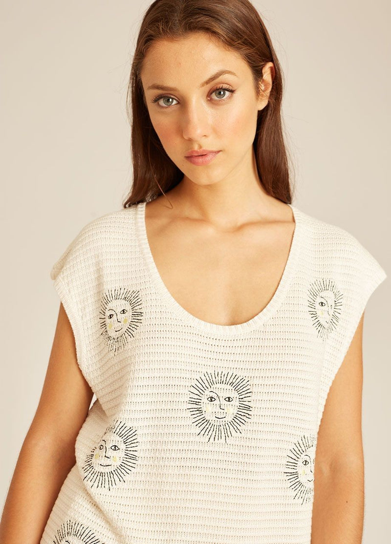 PEPALOVES - PULL BRODERIE SOLEIL BLANC CASSÉ