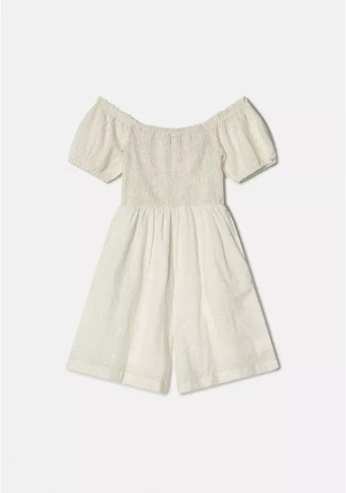 COMPANIA FANTASTICA - WHITE EMBROIDERED COTTON PLAYSUIT WITH BRODERIE DETAILING