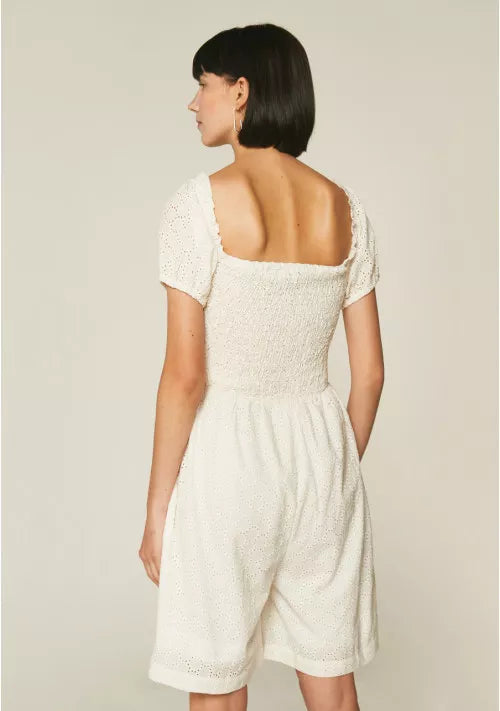 COMPANIA FANTASTICA - WHITE EMBROIDERED COTTON PLAYSUIT WITH BRODERIE DETAILING