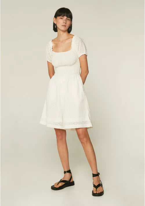 COMPANIA FANTASTICA - WHITE EMBROIDERED COTTON PLAYSUIT WITH BRODERIE DETAILING